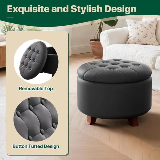 Alt view image 5 of 7 - Round Ottoman with Storage, Large Foot Rest Stool with Legs, 24.5 Dia. x 17 H Inches PU Leather Ottoman Chair for Living Room, Bedroom, White