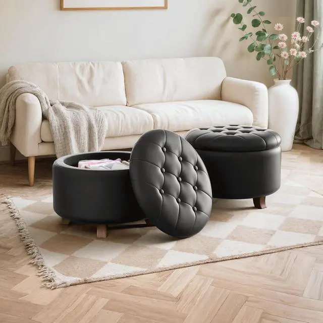 Alt view image 4 of 7 - Round Ottoman with Storage, Large Foot Rest Stool with Legs, 24.5 Dia. x 17 H Inches PU Leather Ottoman Chair for Living Room, Bedroom, White