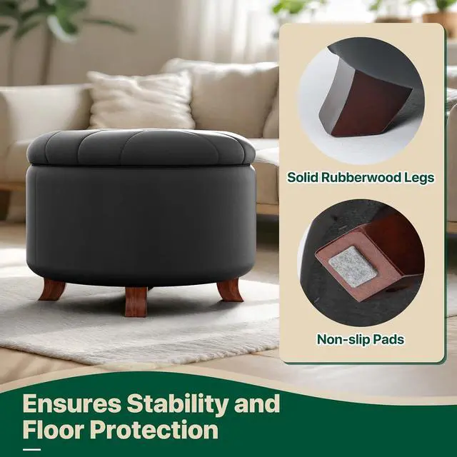 Alt view image 6 of 7 - Round Ottoman with Storage, Large Foot Rest Stool with Legs, 24.5 Dia. x 17 H Inches PU Leather Ottoman Chair for Living Room, Bedroom, White