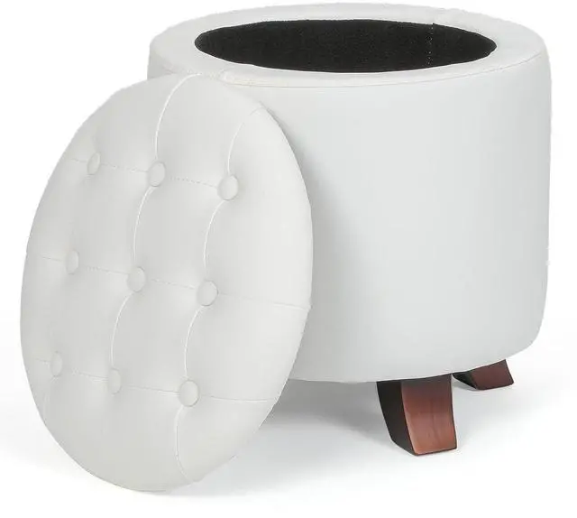 Main image of Round Ottoman with Storage, Small Foot Rest Stool with Legs, 15.5 Dia. x 17 H Inches PU Leather Ottoman Chair for Living Room, Bedroom, Black