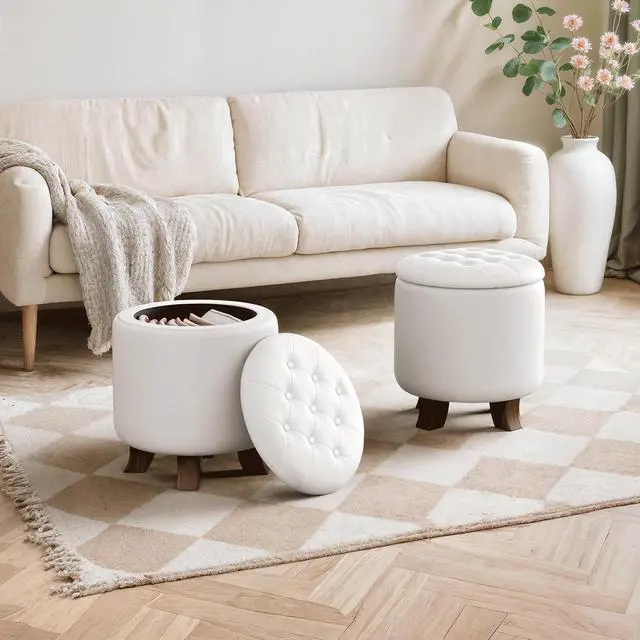 Alt view image 4 of 7 - Round Ottoman with Storage, Small Foot Rest Stool with Legs, 15.5 Dia. x 17 H Inches PU Leather Ottoman Chair for Living Room, Bedroom, Black