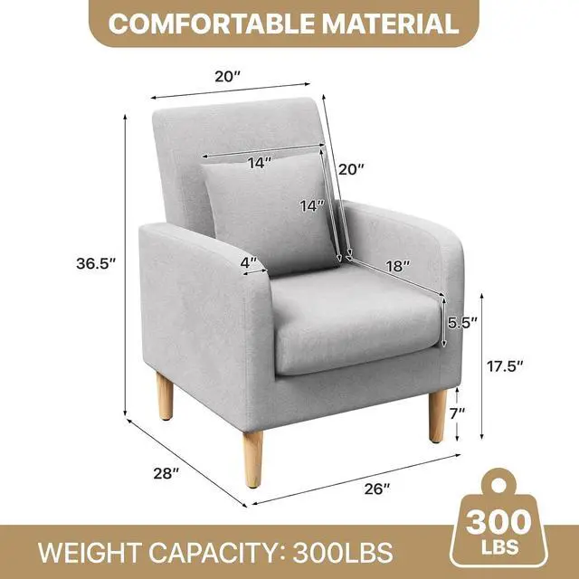 Alt view image 2 of 7 - Accent Chair with Back Pillow, Upholstered Club Arm Chair, Modern Living Room Chair with Wooden Legs for Bedroom Corner, Living Room, Reading Nook, Gray