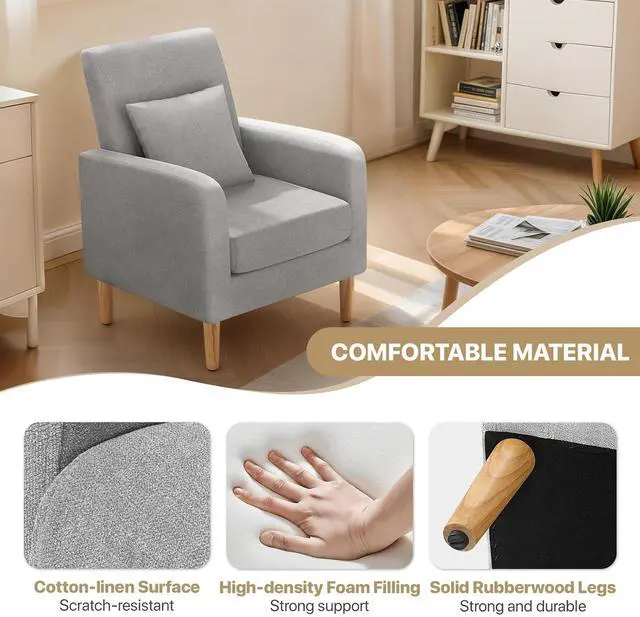 Alt view image 5 of 7 - Accent Chair with Back Pillow, Upholstered Club Arm Chair, Modern Living Room Chair with Wooden Legs for Bedroom Corner, Living Room, Reading Nook, Gray