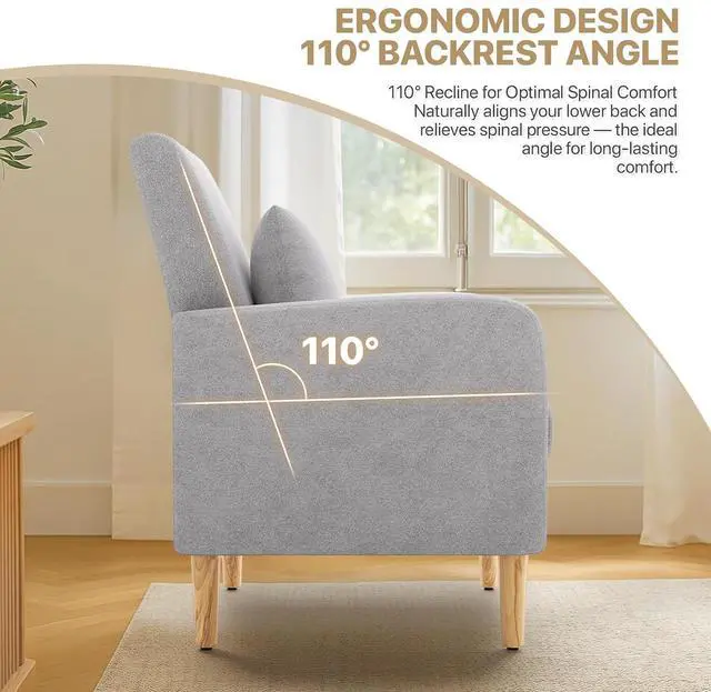Alt view image 6 of 7 - Accent Chair with Back Pillow, Upholstered Club Arm Chair, Modern Living Room Chair with Wooden Legs for Bedroom Corner, Living Room, Reading Nook, Gray