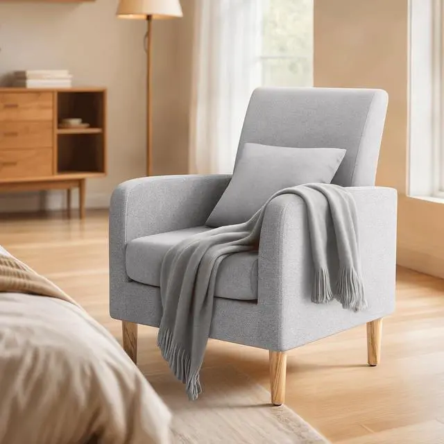 Alt view image 4 of 7 - Accent Chair with Back Pillow, Upholstered Club Arm Chair, Modern Living Room Chair with Wooden Legs for Bedroom Corner, Living Room, Reading Nook, Gray