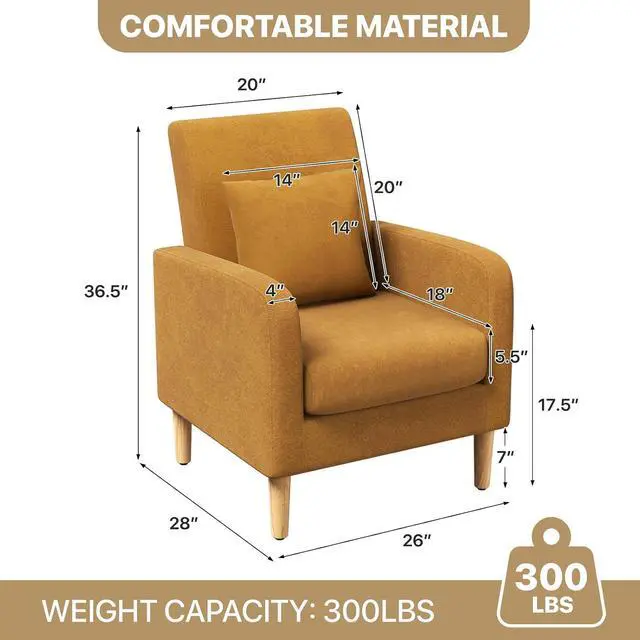 Alt view image 2 of 7 - Accent Chair with Back Pillow, Upholstered Club Arm Chair, Modern Living Room Chair with Wooden Legs for Bedroom Corner, Living Room, Reading Nook, Yellow