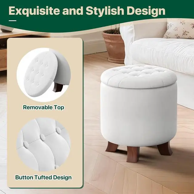 Alt view image 5 of 7 - Round Ottoman with Storage, Small Foot Rest Stool with Legs, 15.5 Dia. x 17 H Inches PU Leather Ottoman Chair for Living Room, Bedroom, Black