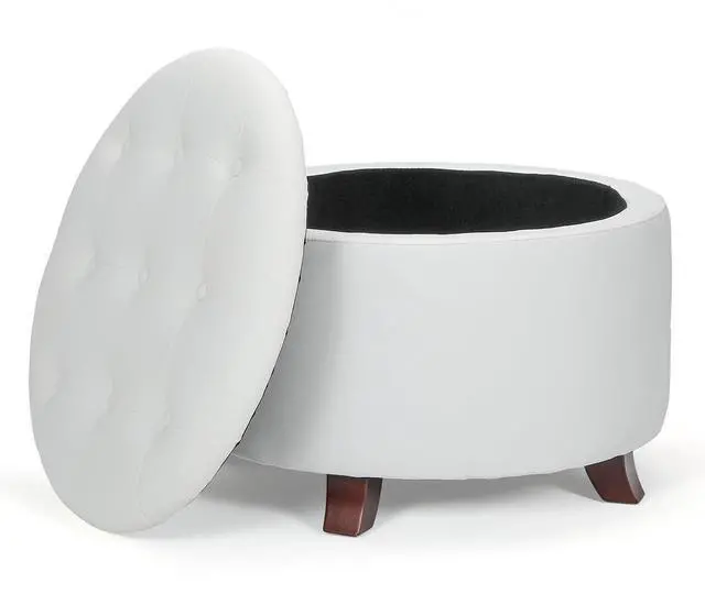 Main image of Round Ottoman with Storage, Large Foot Rest Stool with Legs, 24.5 Dia. x 17 H Inches PU Leather Ottoman Chair for Living Room, Bedroom, White