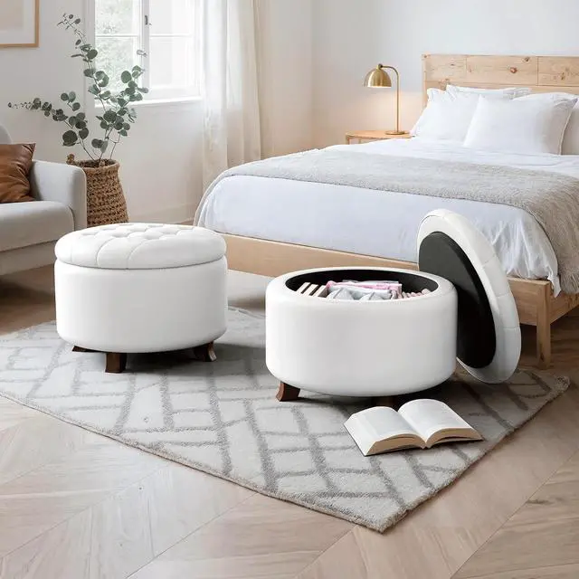 Alt view image 2 of 7 - Round Ottoman with Storage, Large Foot Rest Stool with Legs, 24.5 Dia. x 17 H Inches PU Leather Ottoman Chair for Living Room, Bedroom, White