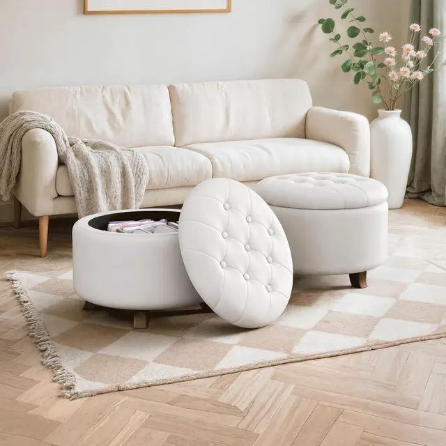 Alt view image 4 of 7 - Round Ottoman with Storage, Large Foot Rest Stool with Legs, 24.5 Dia. x 17 H Inches PU Leather Ottoman Chair for Living Room, Bedroom, White