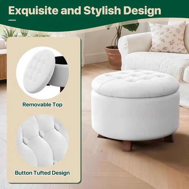 Alt view image 5 of 7 - Round Ottoman with Storage, Large Foot Rest Stool with Legs, 24.5 Dia. x 17 H Inches PU Leather Ottoman Chair for Living Room, Bedroom, White