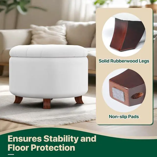 Alt view image 6 of 7 - Round Ottoman with Storage, Large Foot Rest Stool with Legs, 24.5 Dia. x 17 H Inches PU Leather Ottoman Chair for Living Room, Bedroom, White