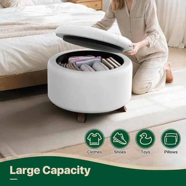 Alt view image 7 of 7 - Round Ottoman with Storage, Large Foot Rest Stool with Legs, 24.5 Dia. x 17 H Inches PU Leather Ottoman Chair for Living Room, Bedroom, White
