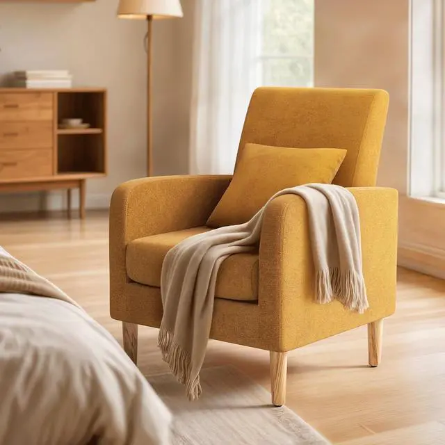 Alt view image 4 of 7 - Accent Chair with Back Pillow, Upholstered Club Arm Chair, Modern Living Room Chair with Wooden Legs for Bedroom Corner, Living Room, Reading Nook, Yellow