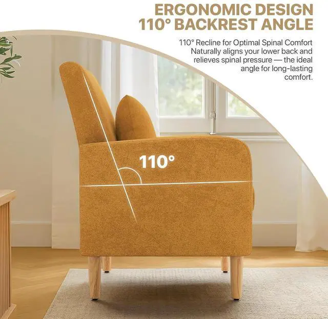 Alt view image 6 of 7 - Accent Chair with Back Pillow, Upholstered Club Arm Chair, Modern Living Room Chair with Wooden Legs for Bedroom Corner, Living Room, Reading Nook, Yellow
