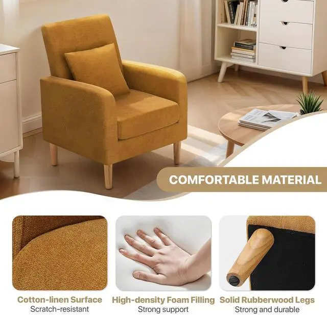Alt view image 5 of 7 - Accent Chair with Back Pillow, Upholstered Club Arm Chair, Modern Living Room Chair with Wooden Legs for Bedroom Corner, Living Room, Reading Nook, Yellow