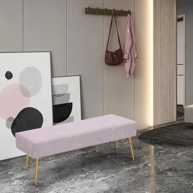 Alt view image 5 of 7 - Upholstered Settee Bench with Solid Steel Legs, Modern Lavender Long Bench for Entryway or Living Room, Versatile Accent Ottoman Foot Rest Stool with Marble Pattern, 440 lbs Capacity