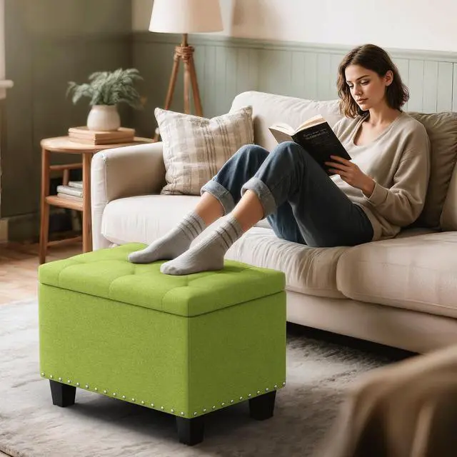 Alt view image 2 of 7 - 24 Inch Ottoman Bench with Storage for Bedroom, Contemporary Green Linen Tufted Bench Footrest Foot Stool Upholstered Rectangular Ottoman with 40L Inner Space, 660 Lbs Capacity