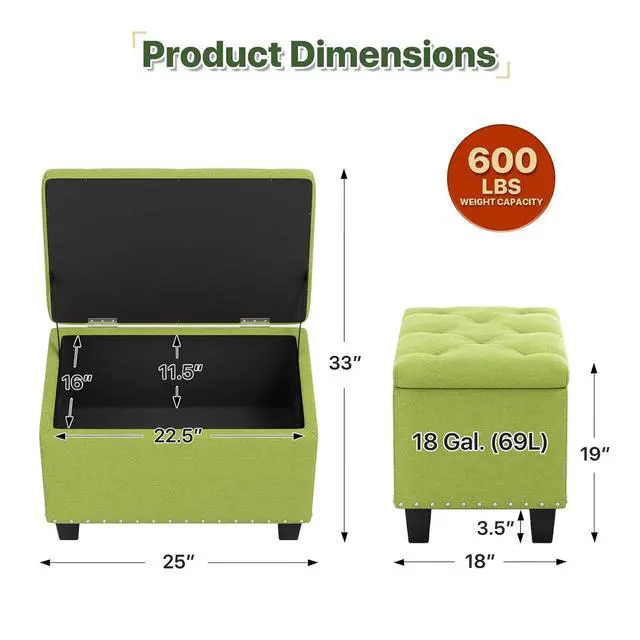 Alt view image 3 of 7 - 24 Inch Ottoman Bench with Storage for Bedroom, Contemporary Green Linen Tufted Bench Footrest Foot Stool Upholstered Rectangular Ottoman with 40L Inner Space, 660 Lbs Capacity