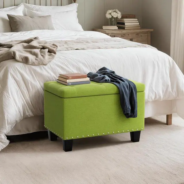 Alt view image 4 of 7 - 24 Inch Ottoman Bench with Storage for Bedroom, Contemporary Green Linen Tufted Bench Footrest Foot Stool Upholstered Rectangular Ottoman with 40L Inner Space, 660 Lbs Capacity