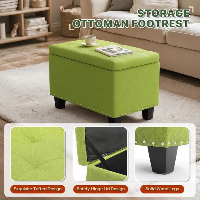 Alt view image 5 of 7 - 24 Inch Ottoman Bench with Storage for Bedroom, Contemporary Green Linen Tufted Bench Footrest Foot Stool Upholstered Rectangular Ottoman with 40L Inner Space, 660 Lbs Capacity