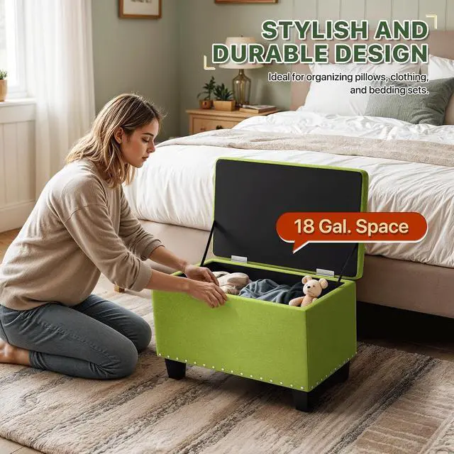 Alt view image 6 of 7 - 24 Inch Ottoman Bench with Storage for Bedroom, Contemporary Green Linen Tufted Bench Footrest Foot Stool Upholstered Rectangular Ottoman with 40L Inner Space, 660 Lbs Capacity