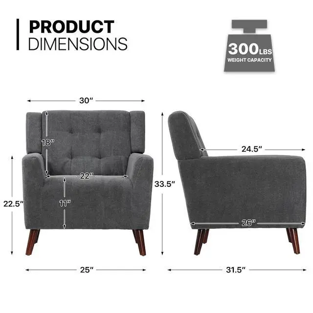 Alt view image 2 of 7 - Mid Century Modern Accent Chair, Upholstered Button Tufted Armchair, Comfy Fabric Living Room Chair for Living Room Bedroom, Waiting Room, Lava Grey