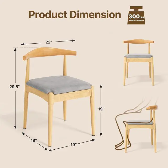 Alt view image 3 of 7 - Solid Wood Dining Chairs Set of 2, Heavy Duty Kitchen Chairs, Mid Century Modern Dining Chairs with Upholstered Cushion & Wide Curved Backrest for Living Room, Kitchen, Beige
