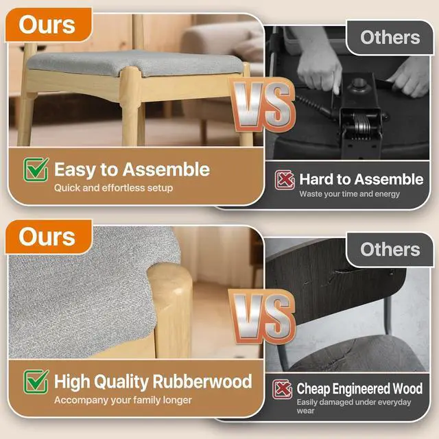 Alt view image 4 of 7 - Solid Wood Dining Chairs Set of 2, Heavy Duty Kitchen Chairs, Mid Century Modern Dining Chairs with Upholstered Cushion & Wide Curved Backrest for Living Room, Kitchen, Beige