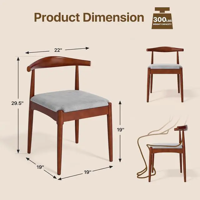 Alt view image 3 of 7 - Solid Wood Dining Chairs Set of 2, Heavy Duty Kitchen Chairs, Mid Century Modern Dining Chairs with Upholstered Cushion & Wide Curved Backrest for Living Room, Kitchen, Walnut