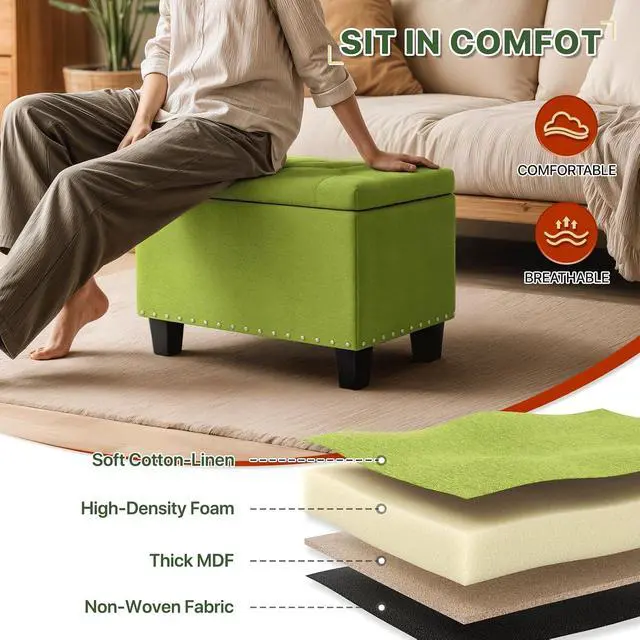 Alt view image 7 of 7 - 24 Inch Ottoman Bench with Storage for Bedroom, Contemporary Green Linen Tufted Bench Footrest Foot Stool Upholstered Rectangular Ottoman with 40L Inner Space, 660 Lbs Capacity