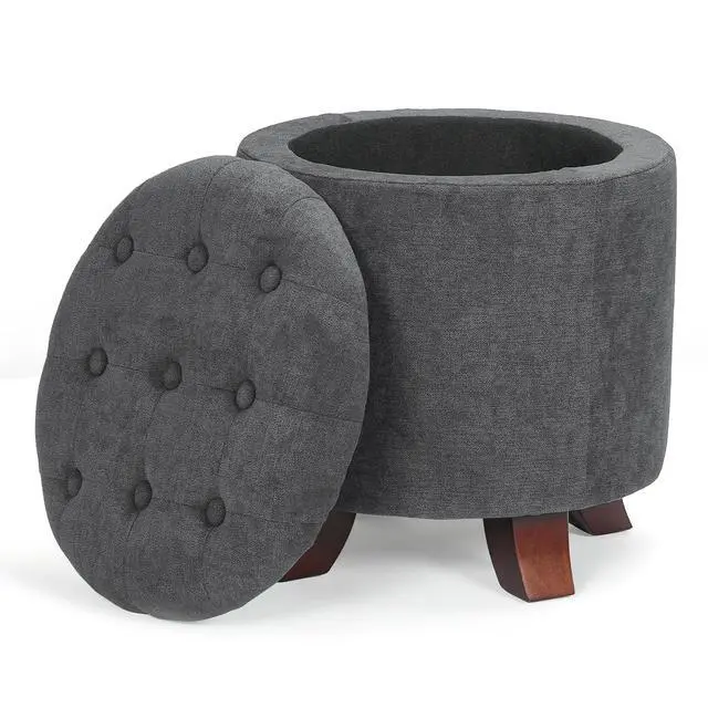 Main image of Round Ottoman with Storage, Small Foot Rest Stool with Legs, 15.5 Dia. x 17 H Inches Upholstered Ottoman with Storage for Living Room, Bedroom, Dark Gray
