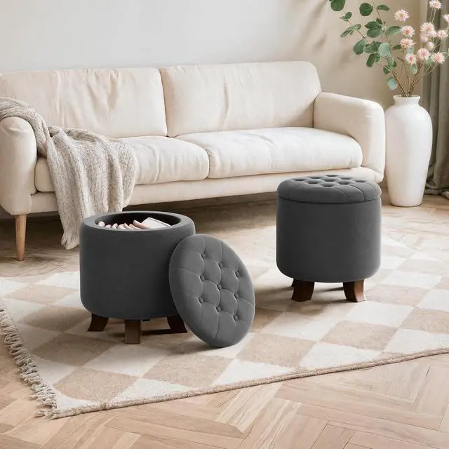 Alt view image 4 of 7 - Round Ottoman with Storage, Small Foot Rest Stool with Legs, 15.5 Dia. x 17 H Inches Upholstered Ottoman with Storage for Living Room, Bedroom, Dark Gray