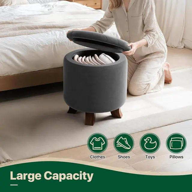 Alt view image 7 of 7 - Round Ottoman with Storage, Small Foot Rest Stool with Legs, 15.5 Dia. x 17 H Inches Upholstered Ottoman with Storage for Living Room, Bedroom, Dark Gray