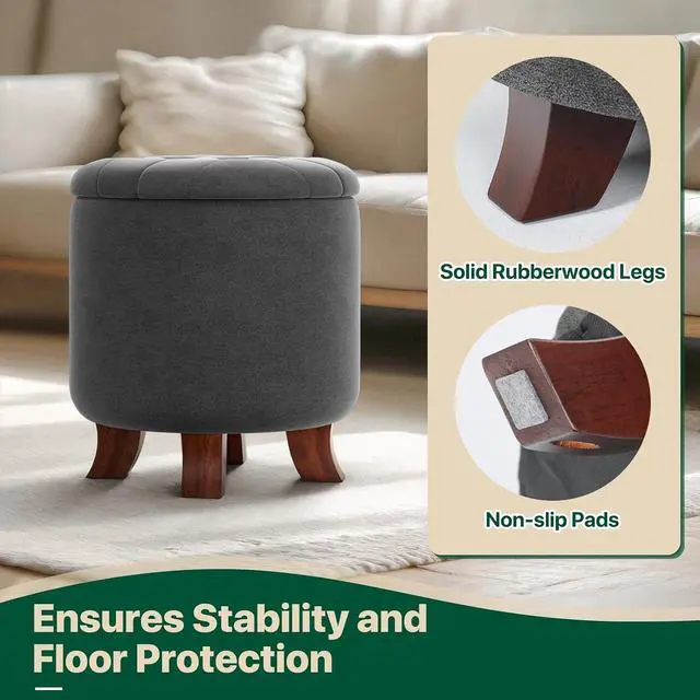 Alt view image 6 of 7 - Round Ottoman with Storage, Small Foot Rest Stool with Legs, 15.5 Dia. x 17 H Inches Upholstered Ottoman with Storage for Living Room, Bedroom, Dark Gray