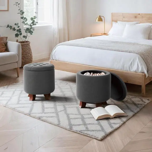 Alt view image 2 of 7 - Round Ottoman with Storage, Small Foot Rest Stool with Legs, 15.5 Dia. x 17 H Inches Upholstered Ottoman with Storage for Living Room, Bedroom, Dark Gray