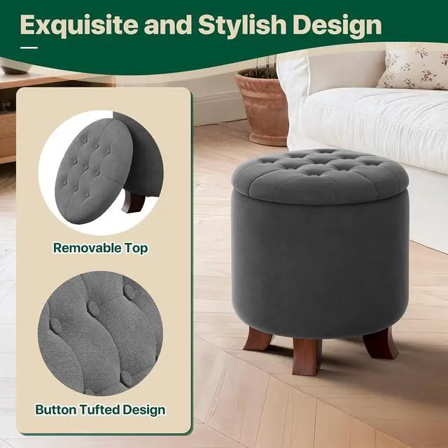 Alt view image 5 of 7 - Round Ottoman with Storage, Small Foot Rest Stool with Legs, 15.5 Dia. x 17 H Inches Upholstered Ottoman with Storage for Living Room, Bedroom, Dark Gray