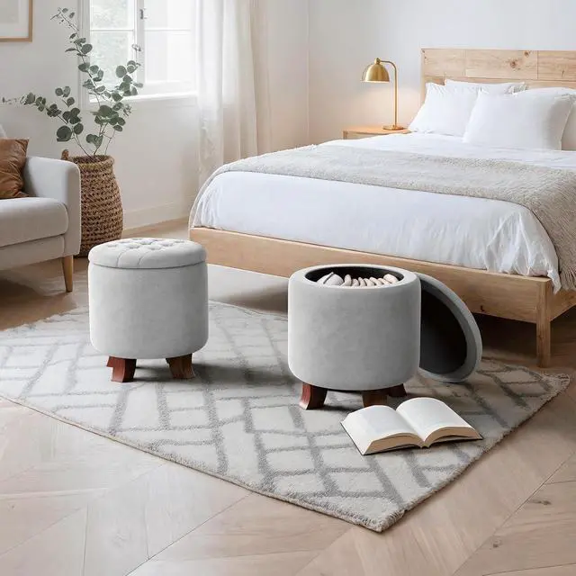 Alt view image 2 of 7 - Round Ottoman with Storage, Small Foot Rest Stool with Legs, 15.5 Dia. x 17 H Inches Upholstered Ottoman with Storage for Living Room, Bedroom, Light Gray