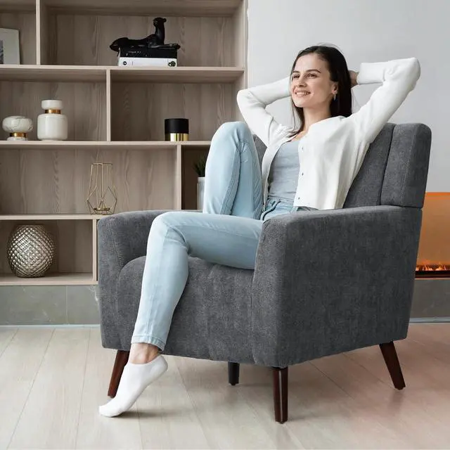 Alt view image 3 of 7 - Mid Century Modern Accent Chair, Upholstered Button Tufted Armchair, Comfy Fabric Living Room Chair for Living Room Bedroom, Waiting Room, Lava Grey