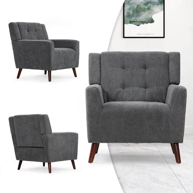 Alt view image 5 of 7 - Mid Century Modern Accent Chair, Upholstered Button Tufted Armchair, Comfy Fabric Living Room Chair for Living Room Bedroom, Waiting Room, Lava Grey