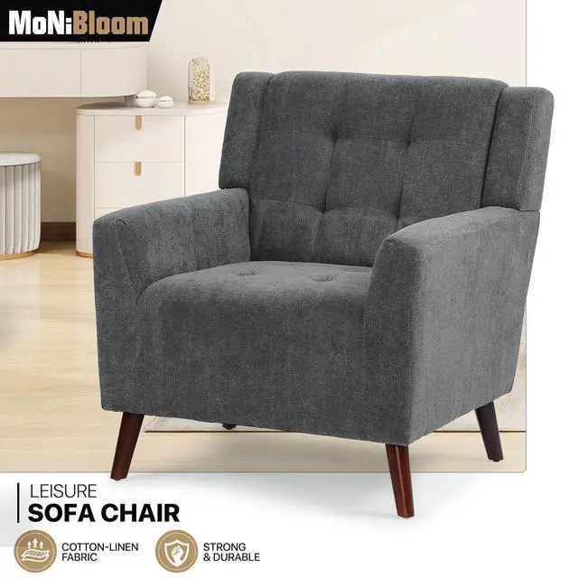 Alt view image 4 of 7 - Mid Century Modern Accent Chair, Upholstered Button Tufted Armchair, Comfy Fabric Living Room Chair for Living Room Bedroom, Waiting Room, Lava Grey