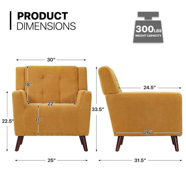 Alt view image 2 of 7 - Mid Century Modern Accent Chair, Upholstered Button Tufted Armchair, Comfy Fabric Living Room Chair for Living Room Bedroom, Waiting Room, Yellow