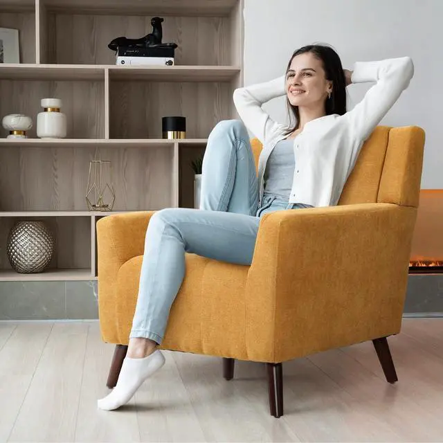 Alt view image 3 of 7 - Mid Century Modern Accent Chair, Upholstered Button Tufted Armchair, Comfy Fabric Living Room Chair for Living Room Bedroom, Waiting Room, Yellow