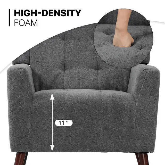 Alt view image 6 of 7 - Mid Century Modern Accent Chair, Upholstered Button Tufted Armchair, Comfy Fabric Living Room Chair for Living Room Bedroom, Waiting Room, Lava Grey