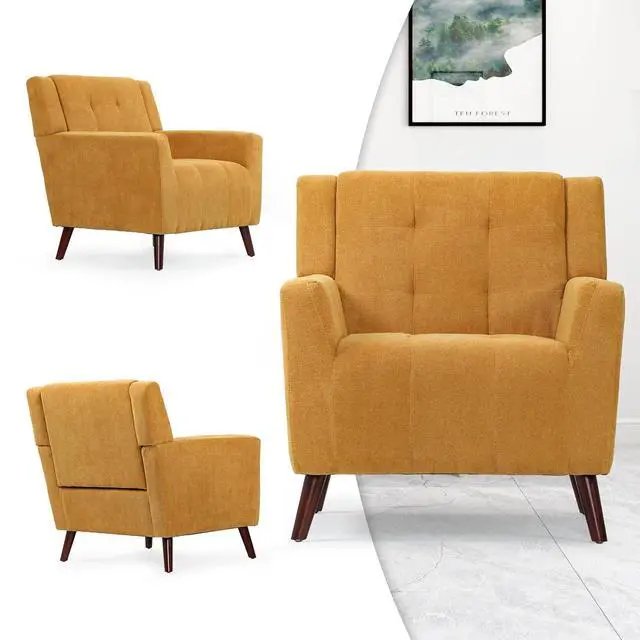 Alt view image 5 of 7 - Mid Century Modern Accent Chair, Upholstered Button Tufted Armchair, Comfy Fabric Living Room Chair for Living Room Bedroom, Waiting Room, Yellow
