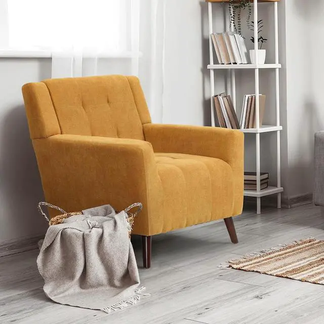 Main image of Mid Century Modern Accent Chair, Upholstered Button Tufted Armchair, Comfy Fabric Living Room Chair for Living Room Bedroom, Waiting Room, Yellow