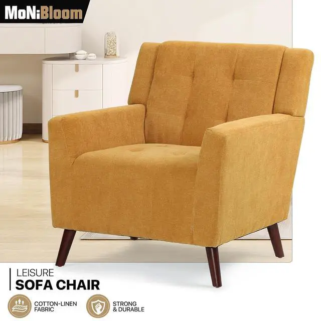 Alt view image 4 of 7 - Mid Century Modern Accent Chair, Upholstered Button Tufted Armchair, Comfy Fabric Living Room Chair for Living Room Bedroom, Waiting Room, Yellow
