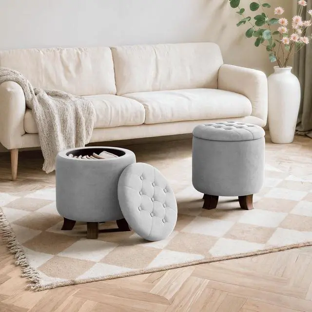 Alt view image 4 of 7 - Round Ottoman with Storage, Small Foot Rest Stool with Legs, 15.5 Dia. x 17 H Inches Upholstered Ottoman with Storage for Living Room, Bedroom, Light Gray