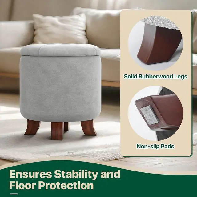 Alt view image 6 of 7 - Round Ottoman with Storage, Small Foot Rest Stool with Legs, 15.5 Dia. x 17 H Inches Upholstered Ottoman with Storage for Living Room, Bedroom, Light Gray