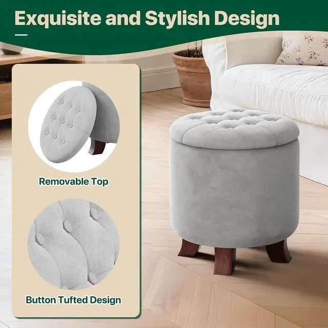 Alt view image 5 of 7 - Round Ottoman with Storage, Small Foot Rest Stool with Legs, 15.5 Dia. x 17 H Inches Upholstered Ottoman with Storage for Living Room, Bedroom, Light Gray